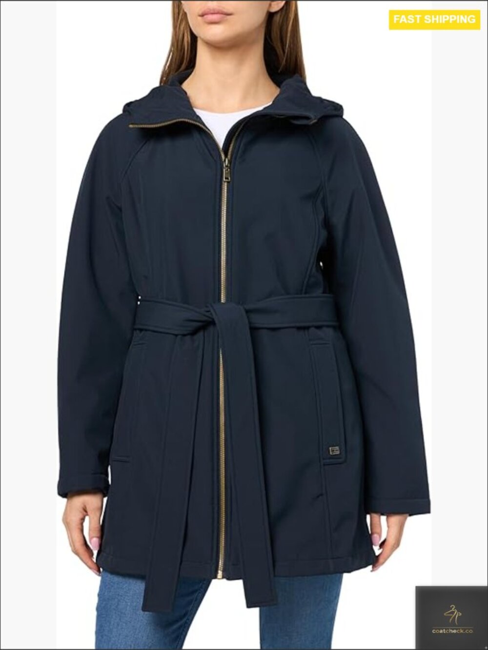 Belted Hooded Softshell Raincoat Water Resistant Polyester Classic Chic